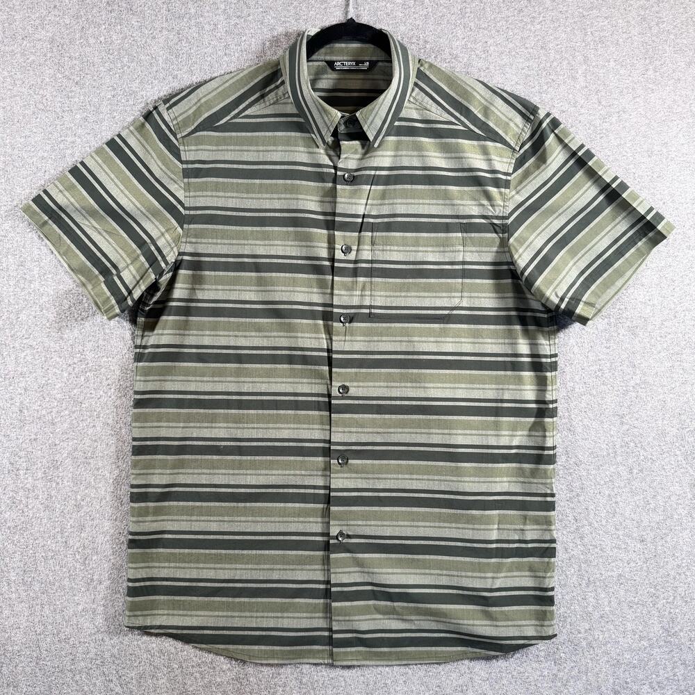 Arc'teryx Brohm Striped Shirt Mens Large Green Gray Short Sleeve Button Up Logo